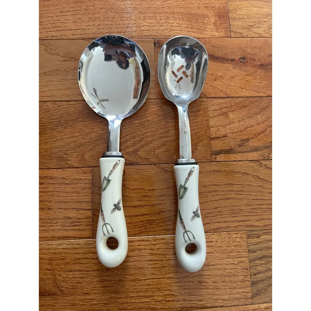 Garden Theme Ceramic Handle Stainless Steel Serving Spoon and Slotted Spoon Set